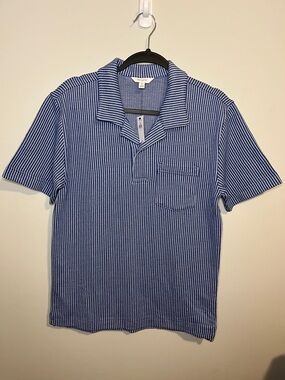 Banana Republic NWT Blue & White Small Pinstripe Open Johnny Collar Polo Shirt
